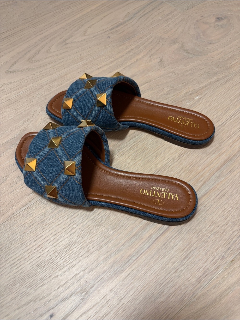 Valentino Garavani Denim Slide Sandals with Gold Studs